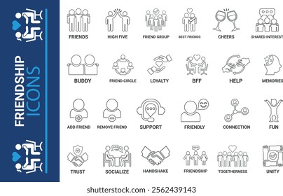 Friendship icon set. Containing friends, group of friend, socialize, friendly, cheers, trust, support and best friends icons. Solid icon collection. Vector illustration.