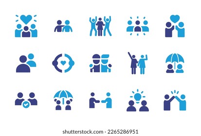 Friendship icon set. Duotone color. Vector illustration. Containing love, greeting, friends, group, friendship, users, umbrella, insurance, idea, high five.