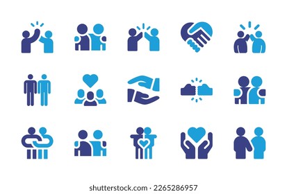 Friendship icon set. Duotone color. Vector illustration. Containing high five, friends, handshake, team, group, business partnership, fist bump, relationship, friendship, protection.