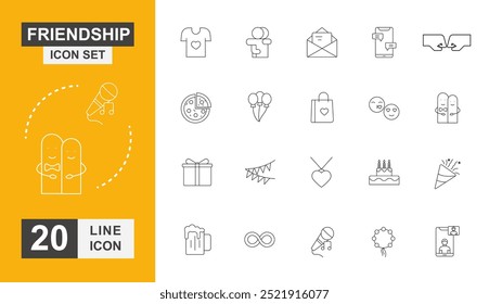 Conjunto de iconos de amistad. Apretón de manos, persona, Asistencia, grupo y más icono de línea.
