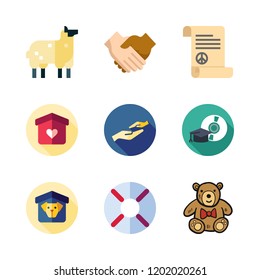 friendship icon set. vector set about mortarboard, handshake, teddy bear and peace treaty icons set.