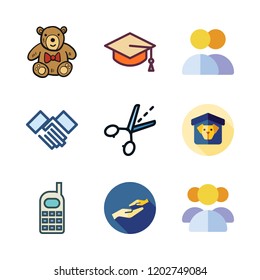 friendship icon set. vector set about mobile phone, mortarboard, teddy bear and group icons set.