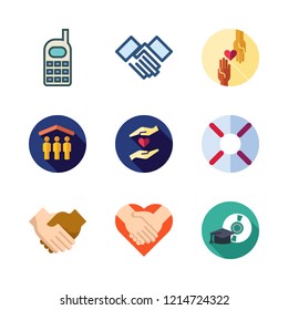 friendship icon set. vector set about shelter, mobile phone, handshake and help icons set.