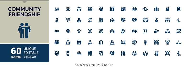 Friendship icons in filled style. Contains such icons as respect, help, partnership, fun and more. Simple solid vector. Vector illustration in modern solid style.