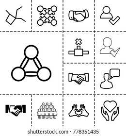 Friendship icons. set of 13 editable outline friendship icons such as handshake, chatting man, add user, roundelay, hand with heart, heart tag, network connection