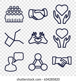 Friendship icons set. set of 9 friendship outline icons such as handshake, chatting man, group, heart on hand, heart tag, hand with heart