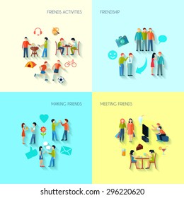 Friendship icons set with activities making and meeting friends flat isolated vector illustration 