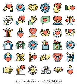 Friendship icons set. Outline set of friendship vector icons thin line color flat on white