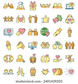 Friendship icons set. Outline set of friendship vector icons thin line color flat on white