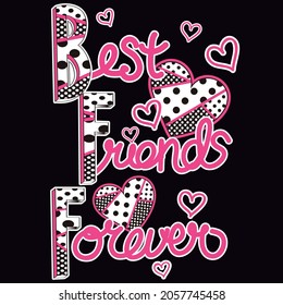 Friendship illustration, lettering best friends forever, hearts and black background