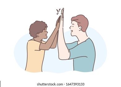 Friendship, informal greeting concept. Illustration of international friendship. Informal greeting, communication in cartoon style. Young cheerful guy gives high five to his friend