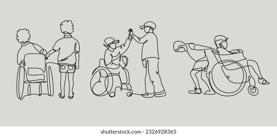 Friendship with kid in a wheelchair line art  vector. Disabled children