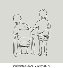 Friendship with kid in a wheelchair line art  vector. Disabled children