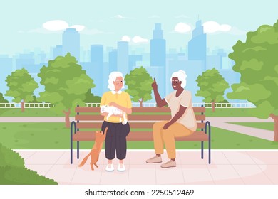 Friendship in late adulthood flat color vector illustration. Older women talking and playing with cats. Fully editable 2D simple cartoon characters with public green space, skyscrapers on background