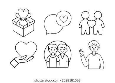 Friendship line art icon set vector illustration like as gift box, love message, heart on hand