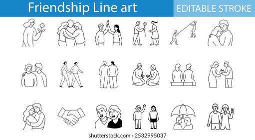 Friendship Line Art Icons Editable Stroke Vector