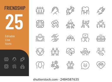 
Friendship Line Editable Icons set. Vector illustration in modern thin line style of people relationships related icons: support, friends, trust, and more. 