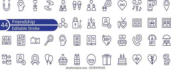 Friendship Line Editable Icons set. Vector illustration in modern thin line style of people relationships related icons , support, friends, trust, and more.