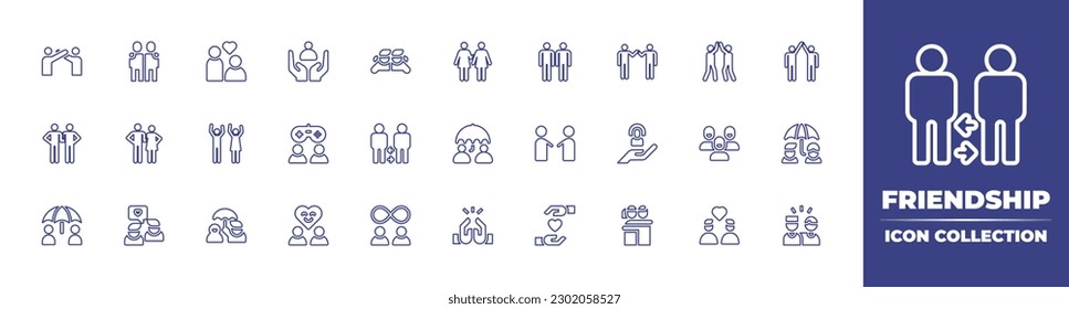 Friendship line icon collection. Editable stroke. Vector illustration. Containing relationship, hugging, friend, friends, gamer, umbrella, handshake, care, insurance, protection, eternity, agreement.