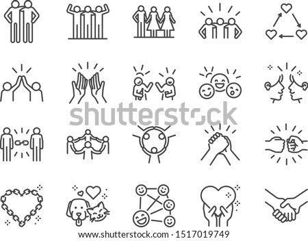 Friendship line icon set. Included icons as friend, relationship, buddy, greeting, love, care and more.