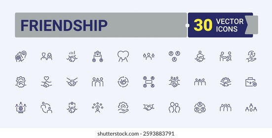 Friendship line icons set. Includes thin line work, friend, social, politic, relationship, team, partnership and more. Expanded stroke. Editable vector art.