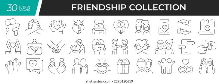 Friendship linear icons set. Collection of 30 icons in black