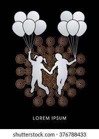 Friendship, Little Boy and girl jumping with balloons designed on fireworks background graphic vector.