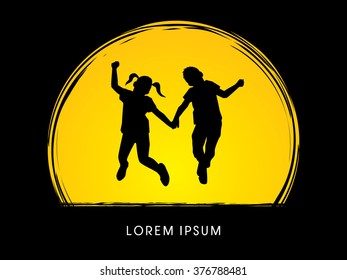 Friendship, Little Boy and girl jumping designed on moonlight background graphic vector.