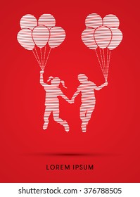 Friendship, Little Boy and girl jumping with balloons designed using line graphic vector.
