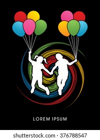 Friendship, Little Boy and girl jumping with balloons designed on spin wheel background graphic vector.