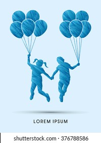 Friendship, Little Boy and girl jumping with balloons  designed using blue grunge brush graphic vector.