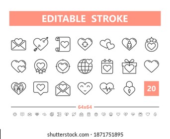 Friendship and Love 20 line icons. Vector illustration in line style. Editable Stroke, 64x64, 256x256, Pixel Perfect.