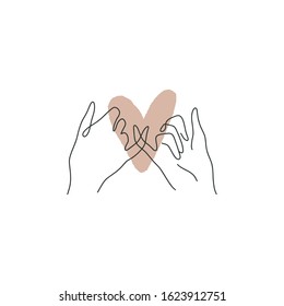 Friendship and love hands concept continuous line drawing. Good for fashion theme, nature care, beauty industry, wedding postcards. Vector illustration. Clipart image.