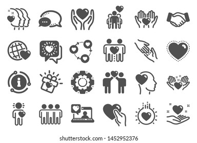 Friendship and love icons. Interaction, Mutual understanding and assistance business. Trust handshake, social responsibility, mutual love icons. Trust friends, partnership. Quality set. Vector