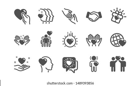 Friendship and love icons. Interaction, Mutual understanding and assistance business. Trust handshake, social responsibility icons. Classic set. Quality set. Vector