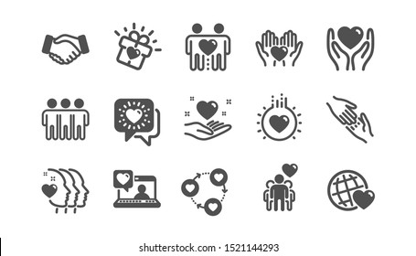 Friendship And Love Icons. Interaction, Mutual Understanding And Assistance Business. Trust Handshake, Social Responsibility Icons. Classic Set. Quality Set. Vector