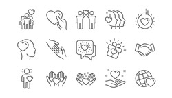 Friendship And Love Line Icons. Interaction, Mutual Understanding And Assistance Business. Trust Handshake, Social Responsibility Icons. Linear Set. Vector