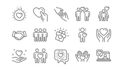 Friendship And Love Line Icons. Interaction, Mutual Understanding And Assistance Business. Trust Handshake, Social Responsibility Icons. Linear Set. Vector