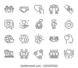 Friendship and love line icons. Interaction, Mutual understanding and assistance business. Trust handshake, social responsibility, mutual love icons. Trust friends, partnership. Vector