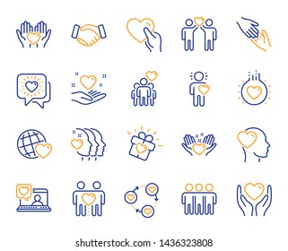 Friendship and love line icons. Interaction, Mutual understanding and assistance business. Trust handshake, social responsibility, mutual love icons. Trust friends, partnership. Vector