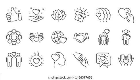 Friendship and love line icons. Interaction, Mutual understanding and assistance business. Trust handshake, social responsibility icons. Linear set. Quality line set. Vector