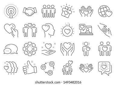 Friendship and love line icons. Interaction, Mutual understanding and assistance business. Trust handshake, social responsibility, mutual love icons. Trust friends, partnership. Line signs set. Vector