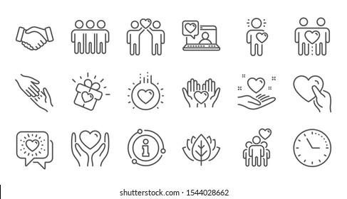 Venskab og kærlighed linje ikoner. Interaktion, Gensidig forståelse og bistand forretning. Tillid håndtryk, sociale ansvar ikoner. Lineært sæt. Kvalitet linje sæt. vektor