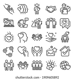 Friendship and love line icons. Interaction, Mutual understanding and assistance business. Trust handshake, social responsibility, mutual love icons. Trust friends, partnership. Line icon set. Vector