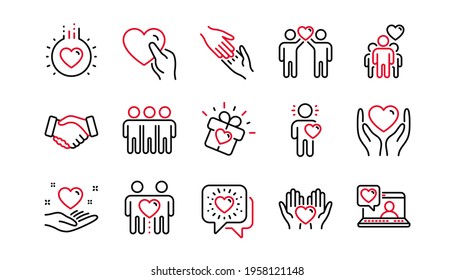 Friendship and love line icons. Interaction, Mutual understanding and assistance business. Trust handshake, social responsibility icons. Linear set. Linear set. Quality line set. Vector