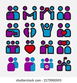 Friendship and love line icons. Interaction, Mutual understanding and assistance business. Trust handshake, social responsibility icons. Linear set. Quality line set. Vector