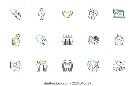 Iconos de la línea de amistad y amor. Interacción, comprensión mutua y negocios de asistencia. Confíe en el apretón de manos, íconos de responsabilidad social. Conjunto lineal. Elementos web de esquema de color. Vector