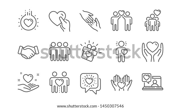 Friendship and love line icons.\
Interaction, Mutual understanding and assistance business. Trust\
handshake, social responsibility icons. Linear set.\
Vector