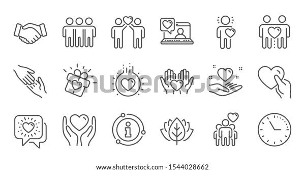 Friendship and love\
line icons. Interaction, Mutual understanding and assistance\
business. Trust handshake, social responsibility icons. Linear set.\
Quality line set.\
Vector