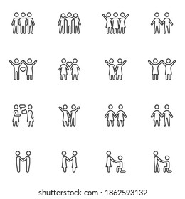 Friendship and love line icons set, outline vector symbol collection, linear style pictogram pack. Signs, logo illustration. Set includes icons as people love, couple relationship, marriage proposal